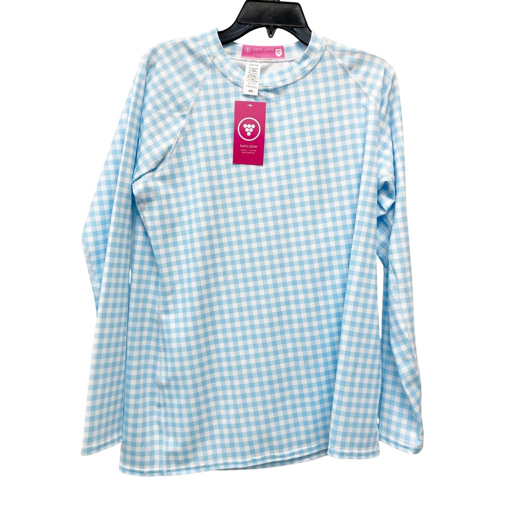 Berry Jane Women's Blue Gingham UPF 50 Long Sleeve Swim Rash Guard Size 2XL